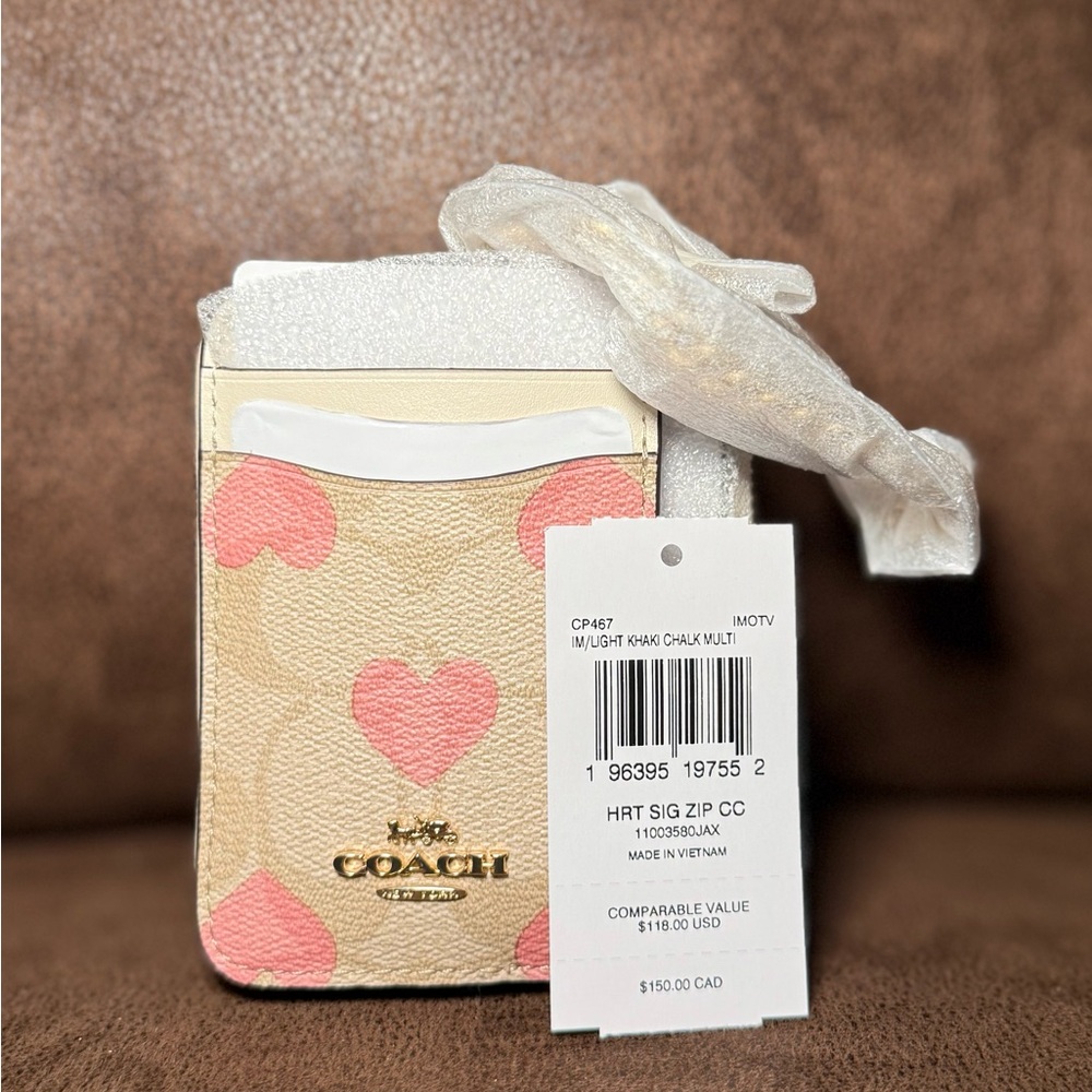 Coach Light Khaki and Pink Heart Card Case
